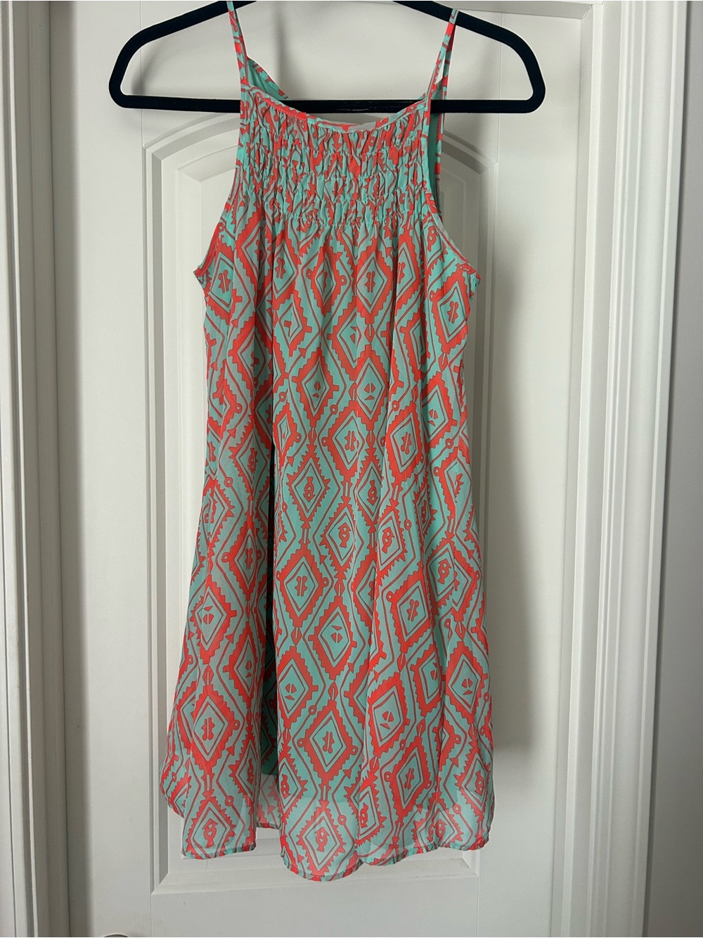 Sequin Hearts Coral and Mint Geometric Print Sundress